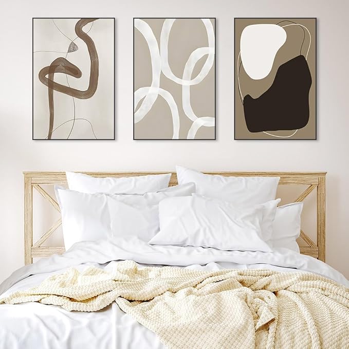 Wall Art Framed Canvas Print Set Paint Strokes Abstract Shapes Illustrations Minimalism Bohemian Black White Grey Modern Style Art Decor 24 "X 32" X 3 Panels Aesthetic Living Room Bedroom Office