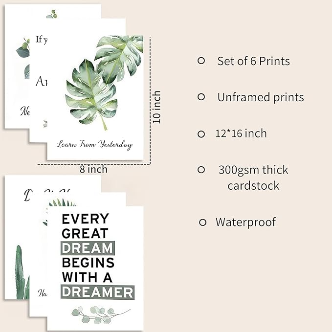 6pcsOffice Inspirational Botanical Canvas Wall Art Eucalyptus Leaves Sage Motivational Quotes Painting Picture Wall Decor Never Give Up Poster Print Artwork For Classroom Bedroom Home Decoration