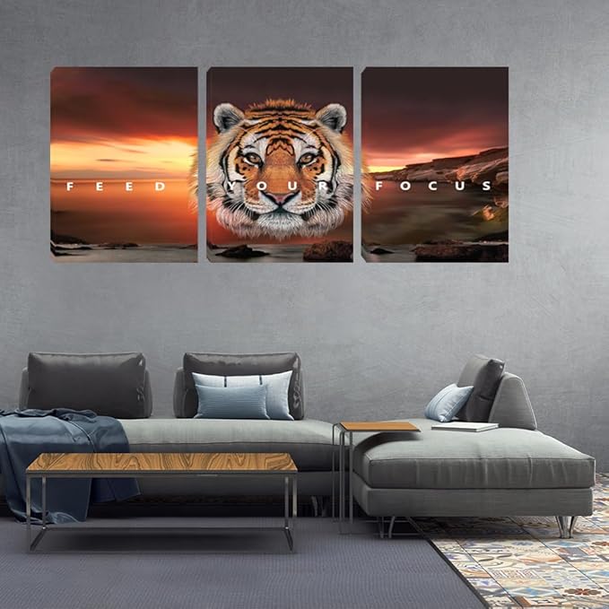 Motivational Wall Art, Inspirational Canvas Wall Art for Office, 3 Pieces Tiger Painting Posters Prints for Entrepreneur Living Room Bedroom Dorm(48''Wx24''H)