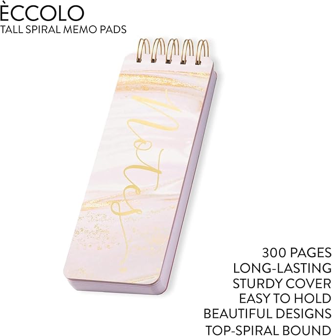 Eccolo Tall Spiral Memo Pad, 300 Pages, 150 Sheets, Double Spiral Binding, Office Essentials for Work, List Notepad for Students, Class and Shopping, Gold Foil (Pink Marble, 3x8.5 inches)