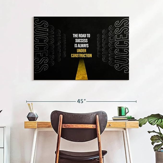 ElephantStock - Work On Your Road To Success Wall Art - Horizontal Canvas Wall Art - Home Office Wall Decor - Digital Art Inspirational And Typography Canvas Art - Black And White Decor - 39" x 26"