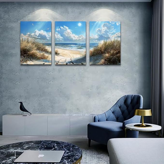 TTHYUEWS Wall Art For Living Room Canvas Wall Decor For Bedroom Bathroom Decorations Blue Ocean Beach Wall Painting Sea Wave Wall Pictures Artwork for office Modern Home Decor Ready To Hang 3 Piece