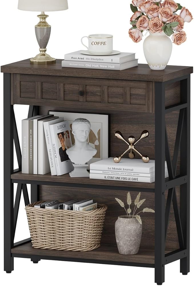 FATORRI Small Bookcase with Drawer, Industrial 3 Shelf Bookshelf, Wood and Metal Book Shelf, Short Book Shelves and Low Book case for Small Space (Dark Walnut)