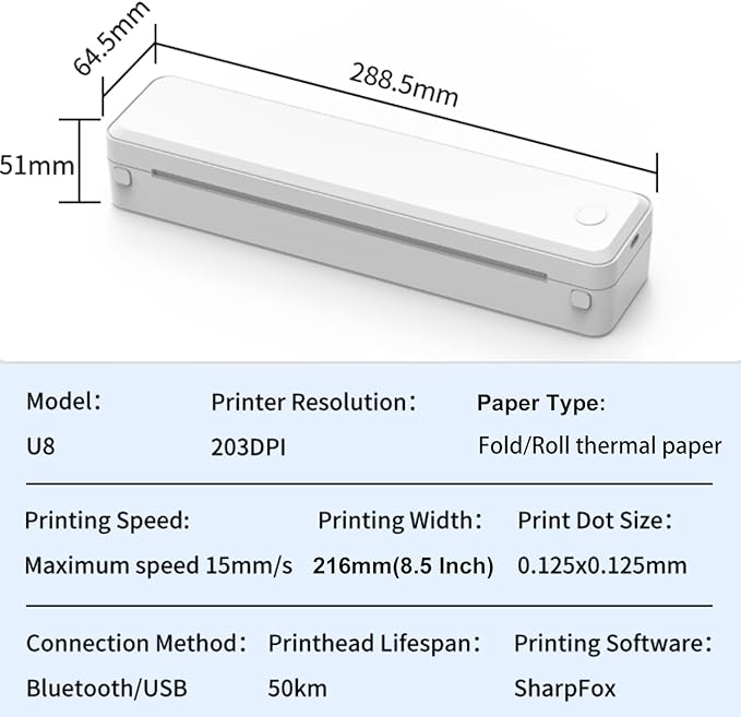 Portable Thermal Printer Wireless for Travel, Bluetooth Inkless Tattoo Stencil Printer, Supports 8.5x11 US Letter, Compatible with iOS, Android, Mac, Windows,Home,Office