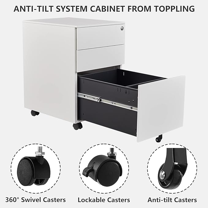 Rolling File Cabinet, 3 Drawer Locking Filing Cabinet, Under Desk Office Metal Storage Cabinet for Legal/Letter/A4 File (Fully Assembled Cabinet,White)