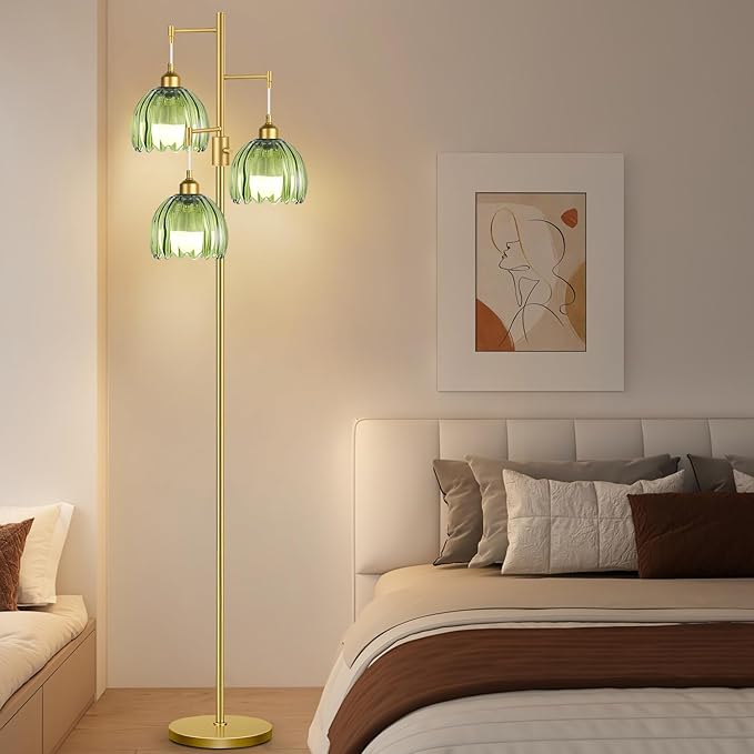 Dimmable Floor Lamps for Living Room-3 Light Gold Floor Lamp with Three Bulbs & Glass Lampshape, Mid Century Modern Standing Lamp Tree Tall Flower Floor Lamp for Bedroom Living Room,Corner