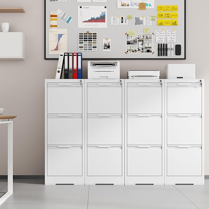 3 Drawer File Cabinet with Lock,Metal Vertical Filing Cabinets for Home Office,Heavy Duty File Storage Cabinet for Letter/Legal/A4/F4 Size File,Easy to Assemble,White
