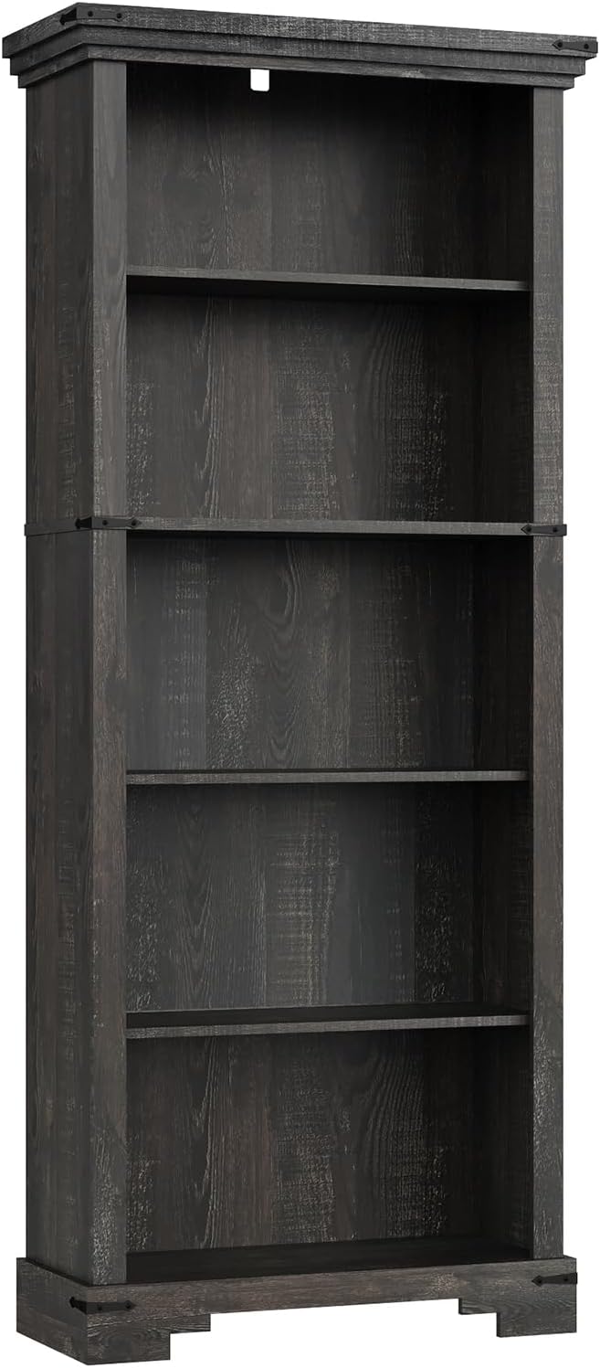 5-Tier Farmhouse Bookshelf, 61.1 inch Tall Bookcase with Storage & Unique Design & One Adjustable Shelf, Wooden Bookshelf for Study Room, Living Room, Home Office, Bedroom (Black)