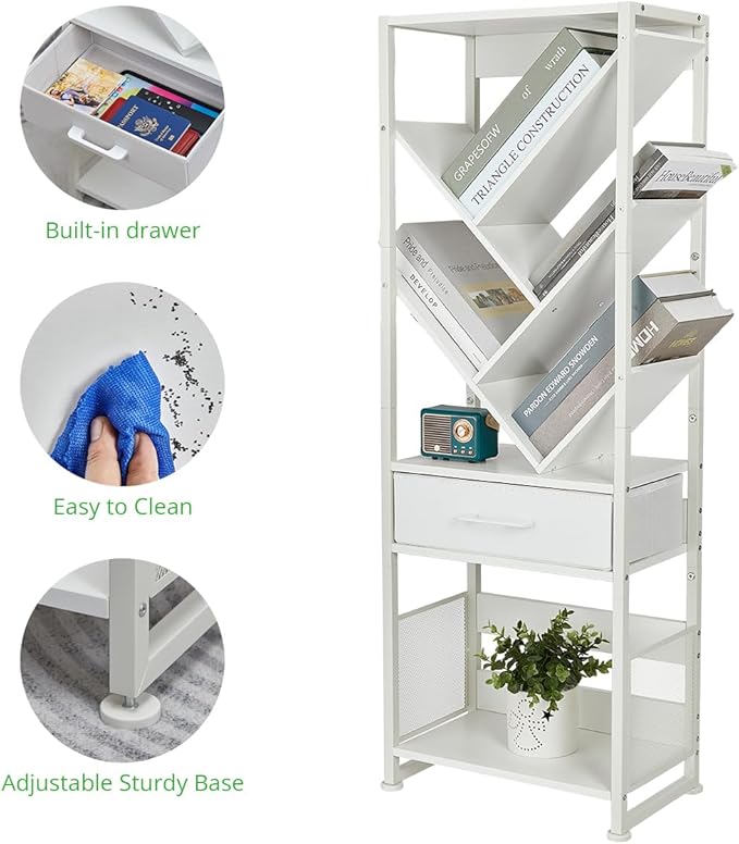 Bookshelf with Drawer,8 Tier Tree Bookcase Retro Floor Standing Bookshelves,Tall Wood Bookcases with Cabinet Storage Organizer for Living Room, Bedroom & Home Office, White