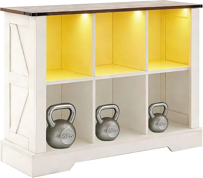 6 Cube Storage Organizer, 2 Tier Bookshelf for Living Room, Farmhouse Bookcase with Led, Kids Toy Storage Cabinet, Wall Cubby Shelves for Home Decor, Wood Display Cabinet for Bedroom, White