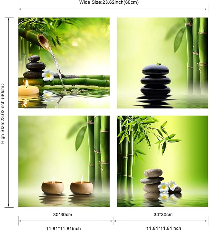 Pyradecor Modern 4 Panel Stretched Contemporary Zen Canvas Prints Perfect Bamboo Green Pictures on Canvas Wall Art for Home Office Decorations Living Room Bedroom