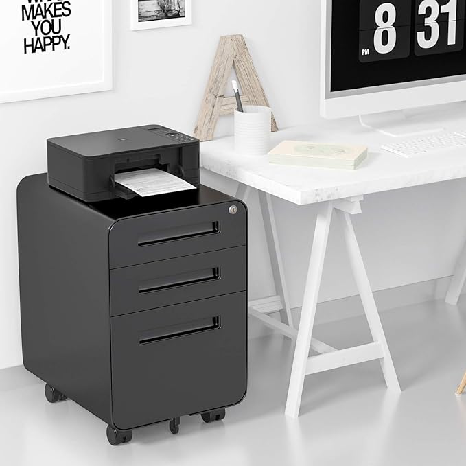 Modern Round Corner 3 Drawer Mobile Steel File Cabinet with Lock, Black, 19.69"L x 15.75"W x 23.62"H, Home Office