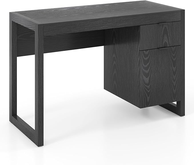 Tangkula Computer Desk with Storage Cabinet & Drawer, White Wooden Home Office Desk, PC Laptop Workstation Study Writing Desk with Smooth Surface, Ideal for Home Office (Black)