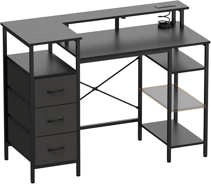 VINGLI 47 Inch L-Shaped Computer Desk, Small Computer Gaming Desk with Fabric Drawers & Storage Shelves, Charging Station, Monitor Stand for Home, Office, Black