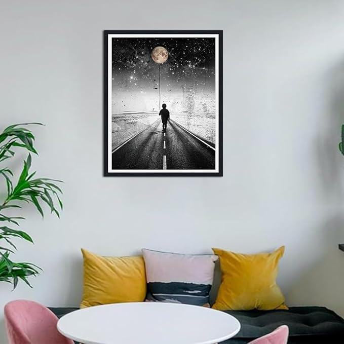 Moonlight Walk Framed Canvas Print Wall Art, Boy on Path Poster, Inspirational Night Scene Decor, Modern Bedroom or Living Room Ready to Hang, 12.5x16.5 Inches
