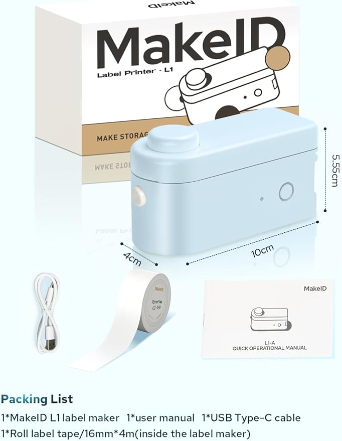 Makeid L1-C Smart Label Maker Machine with Tape – Mini Bluetooth Label Maker, Portable & Rechargeable, Compatible with 9/12/16mm Waterproof Tapes – for Home, Office, School Organization