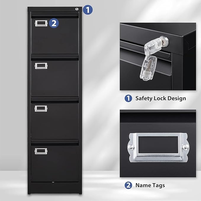 4 Drawer File Cabinet,Black Metal Filing Cabinets with Lock,Metal Vertical Filing Cabinets for Home Office,Steel Storage Cabinet fits Letter/Legal/A4 Size(Assembly Required)