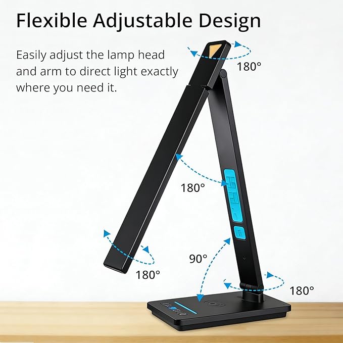 Desk Lamp with Wireless Charger, USB Charging Port, Smart Display Clock, Adjustable Brightness and Color Temperature, Touch Control Desk Light for Office and Bedroom