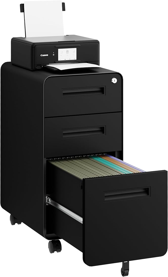 3 Drawers Slim File Cabinet, Mobile Filing Cabinet with Lock, Steel, Fully Assembled Except Casters, for Home Office, for A4, Letter, Legal File Folders, Black
