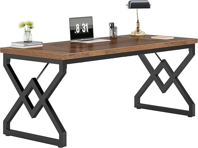 Tribesigns 63" Large Industrial Executive Desk with Extra Thickened Tabletop & Metal Frame, Heavy-Duty 300 lb Capacity Home Office Desk for Study Room, Dorm, Bedroom – Vintage Brown & Black