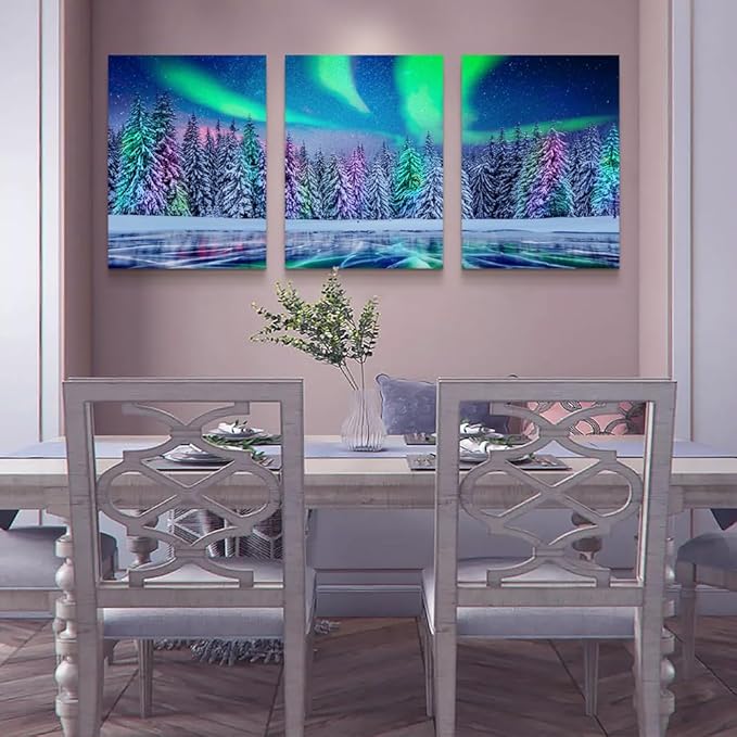 Lapremoly Canvas Wall Art For Living Room Wall Decorations For Bedroom Stretched And Framed Canvas Prints Paintings Aurora Scenery Pictures 3 Piece Bathroom Wall Decor Ready To Hang For Home Decor
