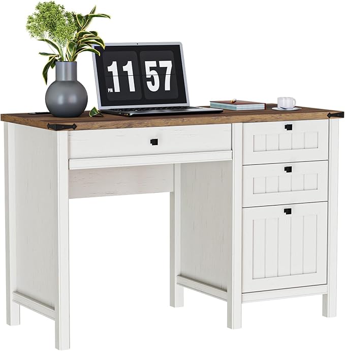 Farmhouse Executive Desk 45 inch Computer Desk with 4 Drawers, Smart Charging Station, Home Office & Study Room Essential for Remote Workers, Professionals & Students.Antique White