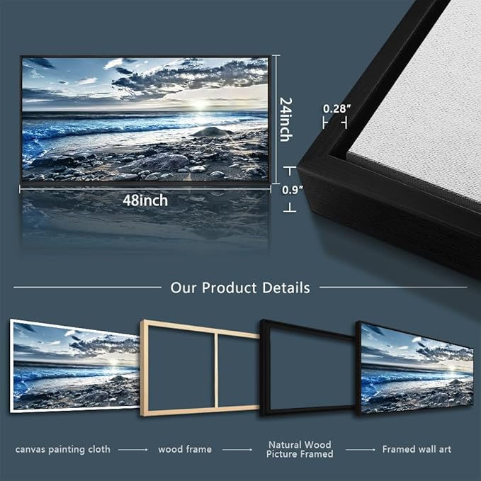 Black Framed Wall Art For Living Room Large Size Wall Decor For Bedroom Modern Office Decor Blue Beach Sun Ocean Landscape Wall Painting Prints Artwork Seascape Framed Hang Pictures Home Decoration