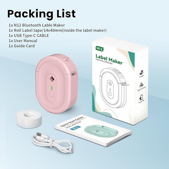 Mini Label Maker Machine with Tape, N12 Portable Bluetooth Label Printer, Thermal Sticker Labeler for Small Business, School, Home, Office(Pink)
