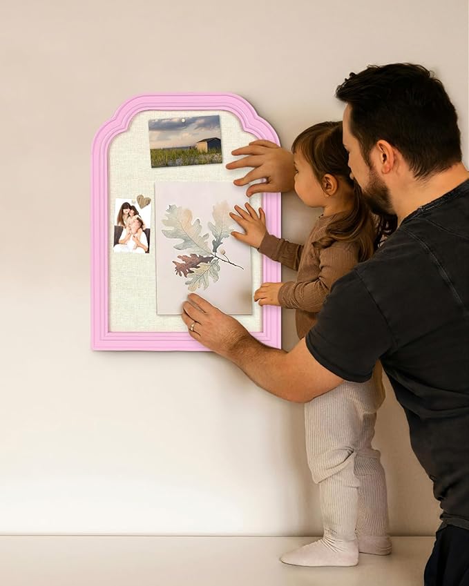 Bulletin Board with Linen, 13x17 inches Pin Board with Pink Frame, Decorative Hanging Bulletin Board Vision Board Message Board Colletion Board for Office School Home Decor