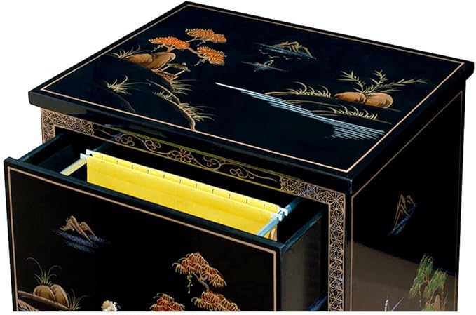 ChinaFurnitureOnline Black Lacquer Chinoiserie Scenery Motif 3 Drawer Oriental File Cabinet
