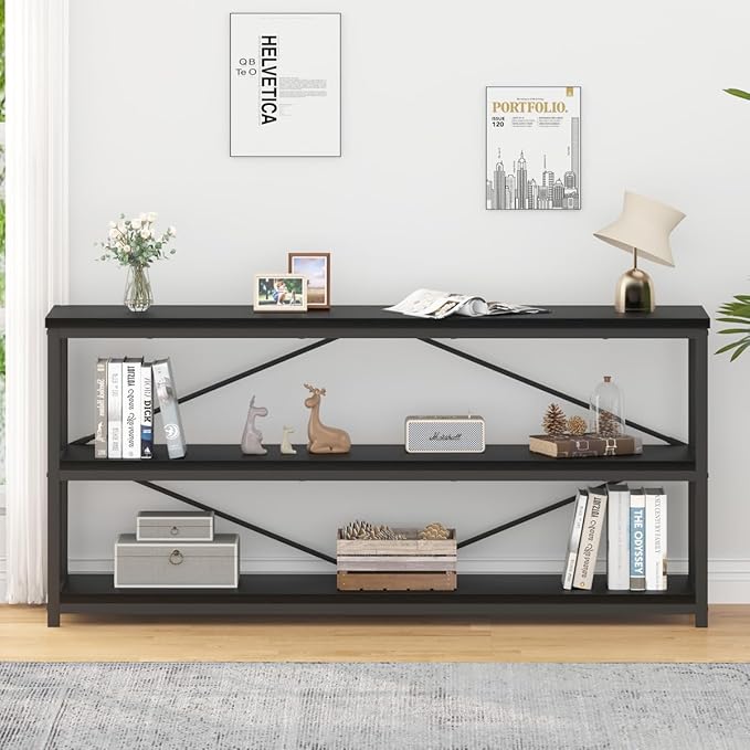 IBF 63" Black Low Horizontal Bookcase, Modern Long Wood Metal 3 Tier Book Shelf, Farmhouse Vintage Big Open Sturdy Bookshelf, Simple Large Wide Etagere for Home Living Room Office Bedroom, Black Oak