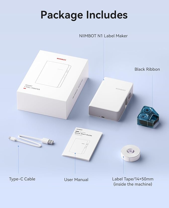 NIIMBOT N1 Label Maker with Tape, Portable Bluetooth Label Printer Support Color Ribbon Printing, Mini Sticker Labeler Rechargeable for Home Office Small Business Outdoor Storage, White