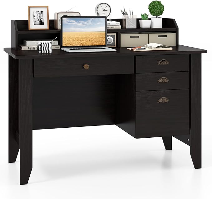 Tangkula Computer Desk with 4 Storage Drawers & Hutch, Home Office Desk Vintage Desk with Storage Shelves, Wooden Executive Desk Writing Study Desk (Black)