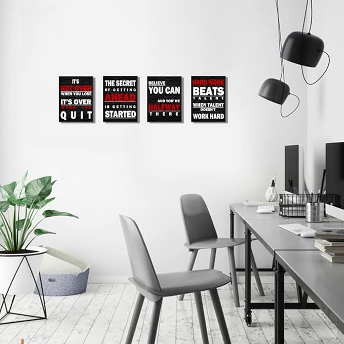 Red Black Motivational Canvas Wall Art Gym Office Wall Decor Sign - Work Hard Beats Talent - Believe You Can - It's Not Over When You Lose