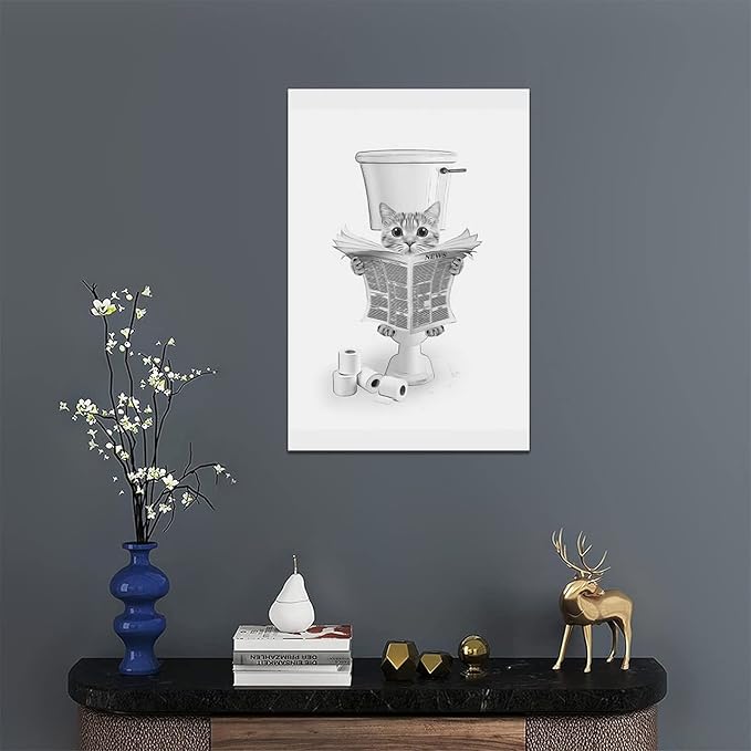 yerretin Funny Cat Bathroom Wall Art Black and White Cat Pictures Wall Decor Animal Bathroom Canvas Painting Modern Artwork Home Decorations Framed Ready to Hang 16"x24"