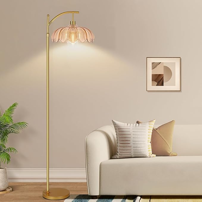 Gold Floor Lamp for Living Room,Bedroom,Mid Century Modern Standing Lamp with Remote,Dimmable Brass Tall Lamp Amber Glass Vintage Retro Arc Floor Lamps Flower Floor Light Boho Bohemian
