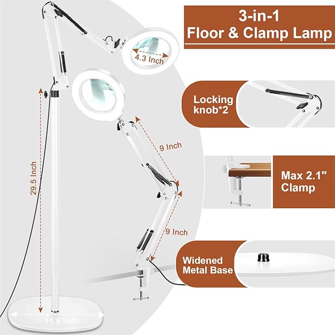 LANCOSC 10X Magnifying Glass with Light and Stand, 3-in-1 Adjustable Swing Floor Lamp, 5 Color Modes Stepless Dimmable, LED Lighted Hands Free Magnifier & Clamp for Reading, Crafts, Painting - White