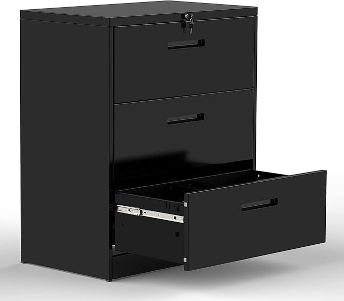 Lateral File Cabinet, 3 Drawers Metal Lockable Filing Cabinet for Commercial Grade Office Legal and Letter File (Black)