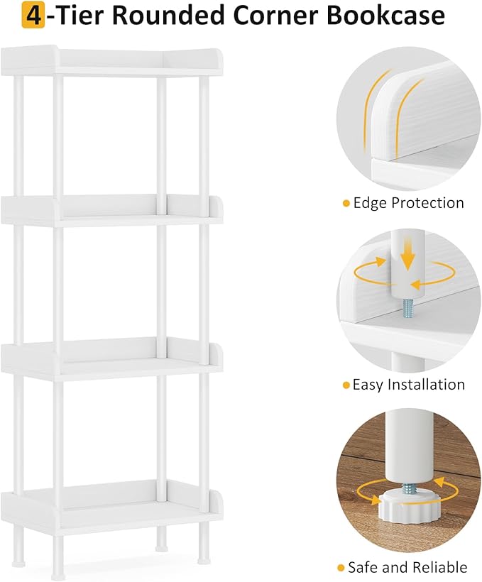 Hosfais Bookcase 4 Tier Bookshelf, Vintage Small Bookshelf for Spaces, Wooden Book Shelf for Living Room Bedroom (White)