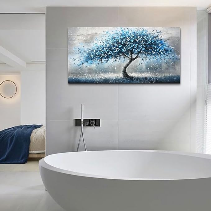 hyidecorart Large Panoramic Abstract Canvas Wall Art - Blue Tree of Life Pictures Painting, Modern Posters Artwork Ready to Hang, Wall Decor for Living Room Bedroom Office Home Decorations