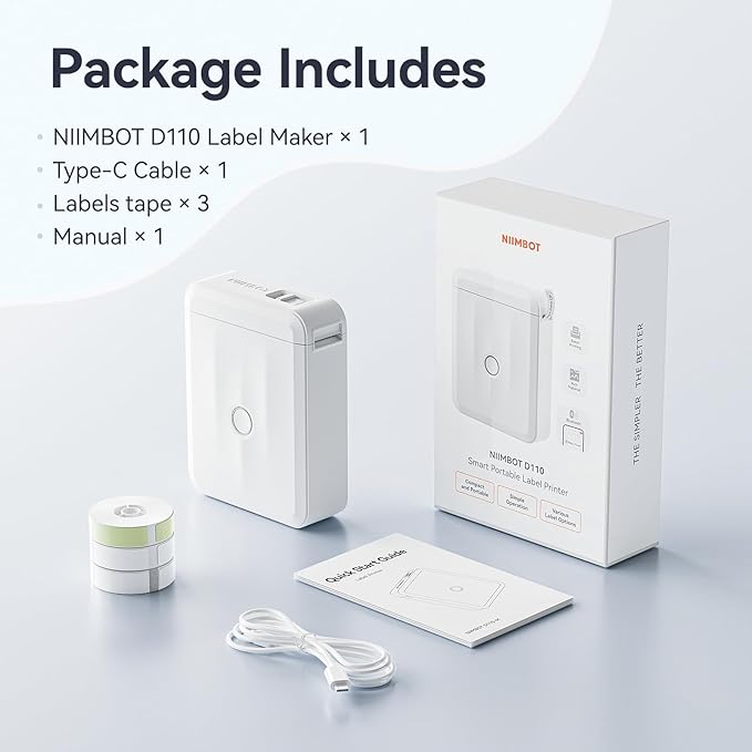 NIIMBOT D110 Upgraded Version Mini Label Maker Machine with 3 Tapes, Portable Bluetooth Thermal Printer, Sticker Labeler with Multiple Templates for Office Organization Home Kitchen School, White