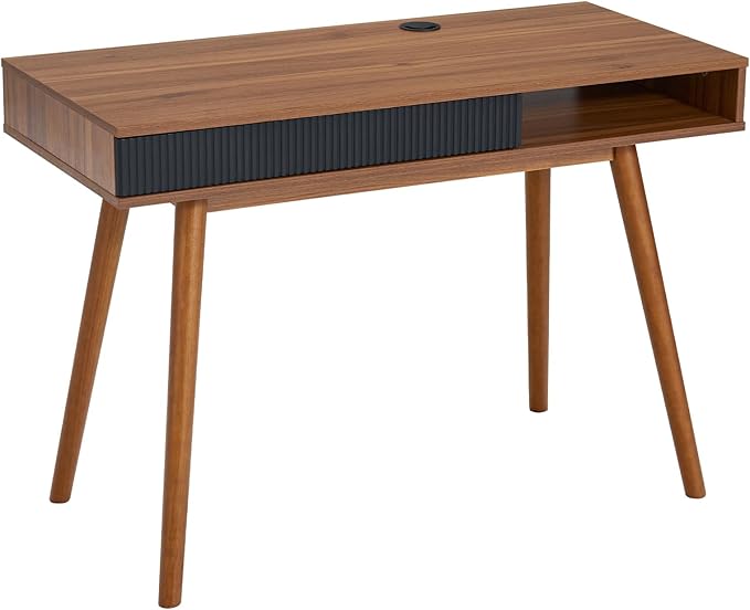 Artswish Mid Century Modern Office Desk with Drawer & Open Cubby, 42.5" Walnut Writing Desk with Cable Grommet, Solid Wood Legs, Simple Home Office Desk for Bedroom Study, Walnut