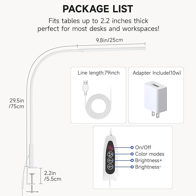 Desk Lamp with Clamp, Eye Caring Clip Light for Home Office, 3 Colors Stepless Dimming, Flexible Gooseneck Table Lamp with USB Adapter for Nail Reading Working Workbench Drawing Gaming (White Pro)