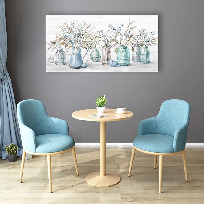 Indigo Floral in Jar Canvas Painting Pictures - Vintage Botanical Flower Bottle Artwork for Living Room, Bedroom, Office - 24" X 48" Wall Decor