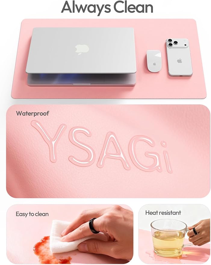 YSAGi Leather Desk Protector, Office Mat, Large Mouse Mat, Non-Slip PU Leather Blotter, Laptop Desk Pad, Waterproof Writing Pad for Office and Home (Light Pink, 35.4" x 17")