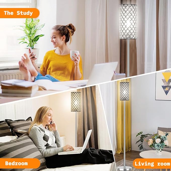 Crystal Floor Lamps - Modern Silver Standing Lamp with 3 CCT LED Bulbs for Elegant Home Decor Living Room and Bedroom Lighting