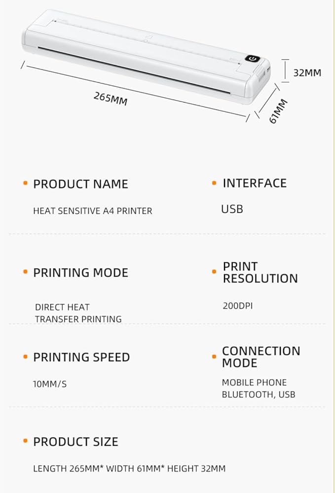 Yoidesu Portable Thermal Printer, Supports A4 Thermal Paper, 200DPI Inkless Mobile Travel Printers for Car School Office, Mini Bluetooth Printer for Android for iOS Phone