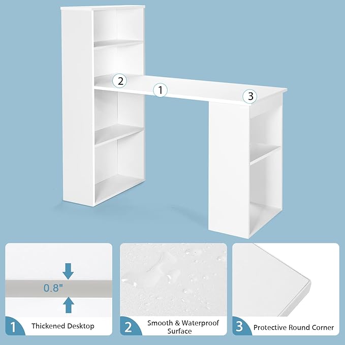 Tangkula White Computer Desk with Bookshelf, Writing Study Desk with Storage Shelves & CPU Stand, Modern Compact Computer Workstation for Home & Office, Space-Saving Design