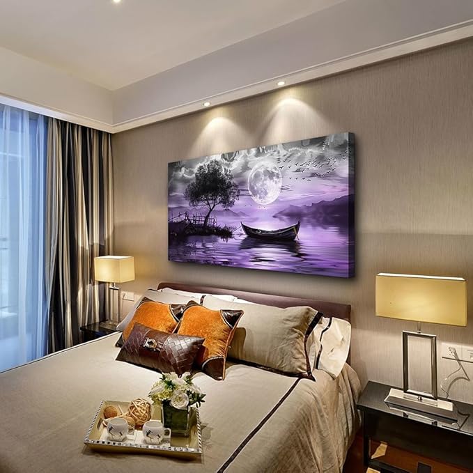 hyidecorart Large Wall Art For Living Room Canvas Wall Decor For Bedroom Office Decoration Black And White Wall Paintings Purple Scenery Abstract Pictures Canvas Prints Artwork Home Decor 48" x 24"