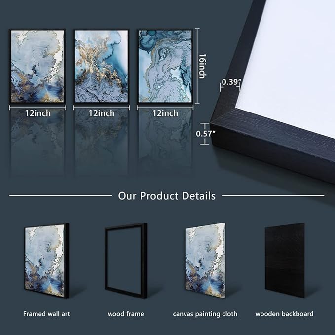 hyidecorart Black Framed Wall Art For Living Room Wall Decorations For Bedroom Wall Pictures Office Wall Decor blue Abstract Watercolor Wall Painting Prints Artwork Modern Home Decor 12X16 3 Piece